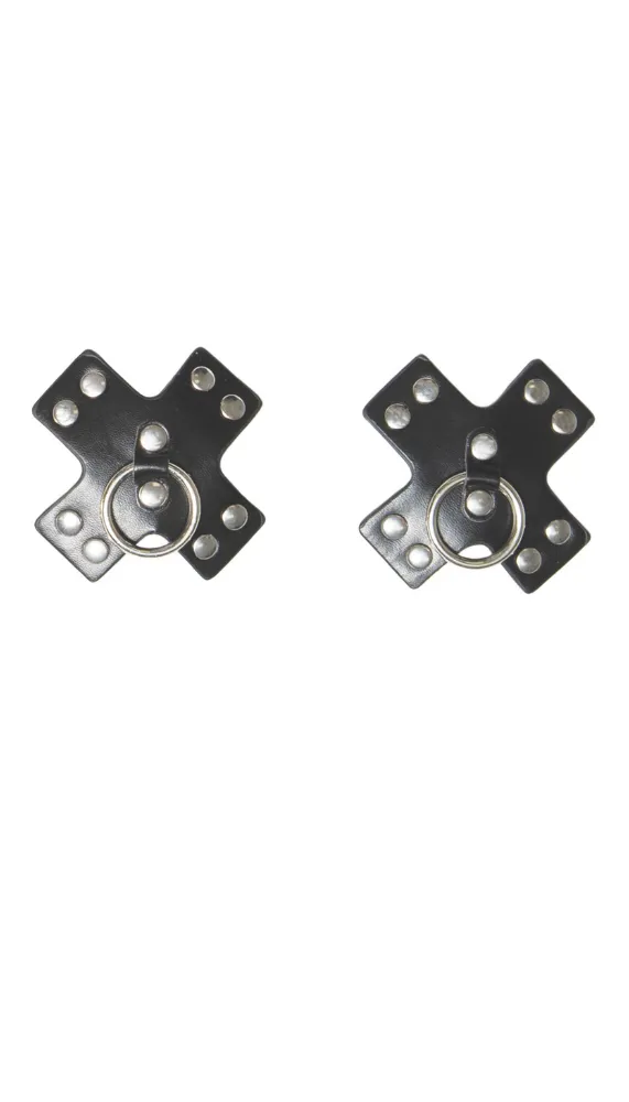 Black Leather Studded Nipple Pasties With Fetish-Inspired O Ring Tips