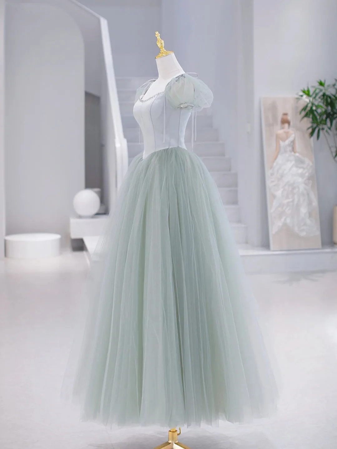 Green Tulle Floor Length Prom Dress Green Short Sleeve Evening Party Dress