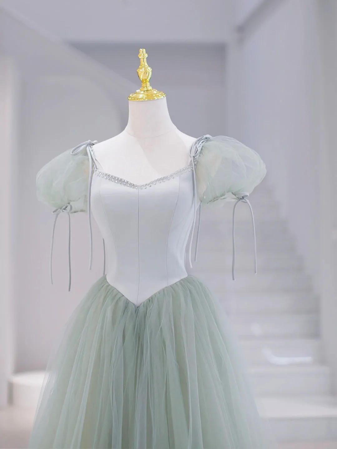 Green Tulle Floor Length Prom Dress Green Short Sleeve Evening Party Dress
