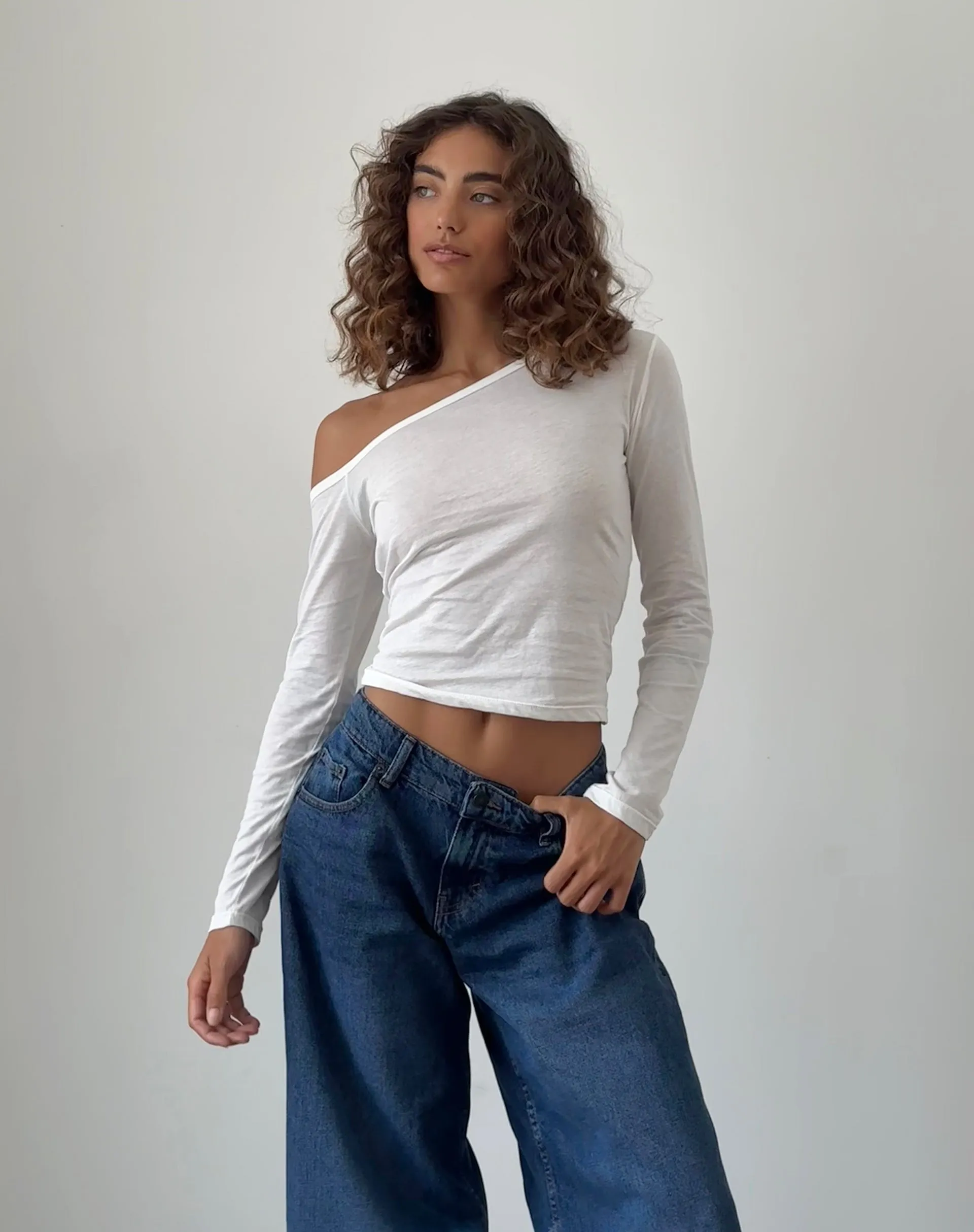 Ledez Asymmetric Slouchy Top in White Tissue Jersey