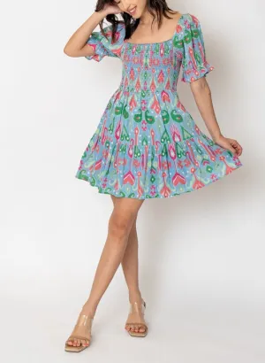 Remi Abstract Printed Smocked Puff Sleeve Dress In Blue/Pink Multi